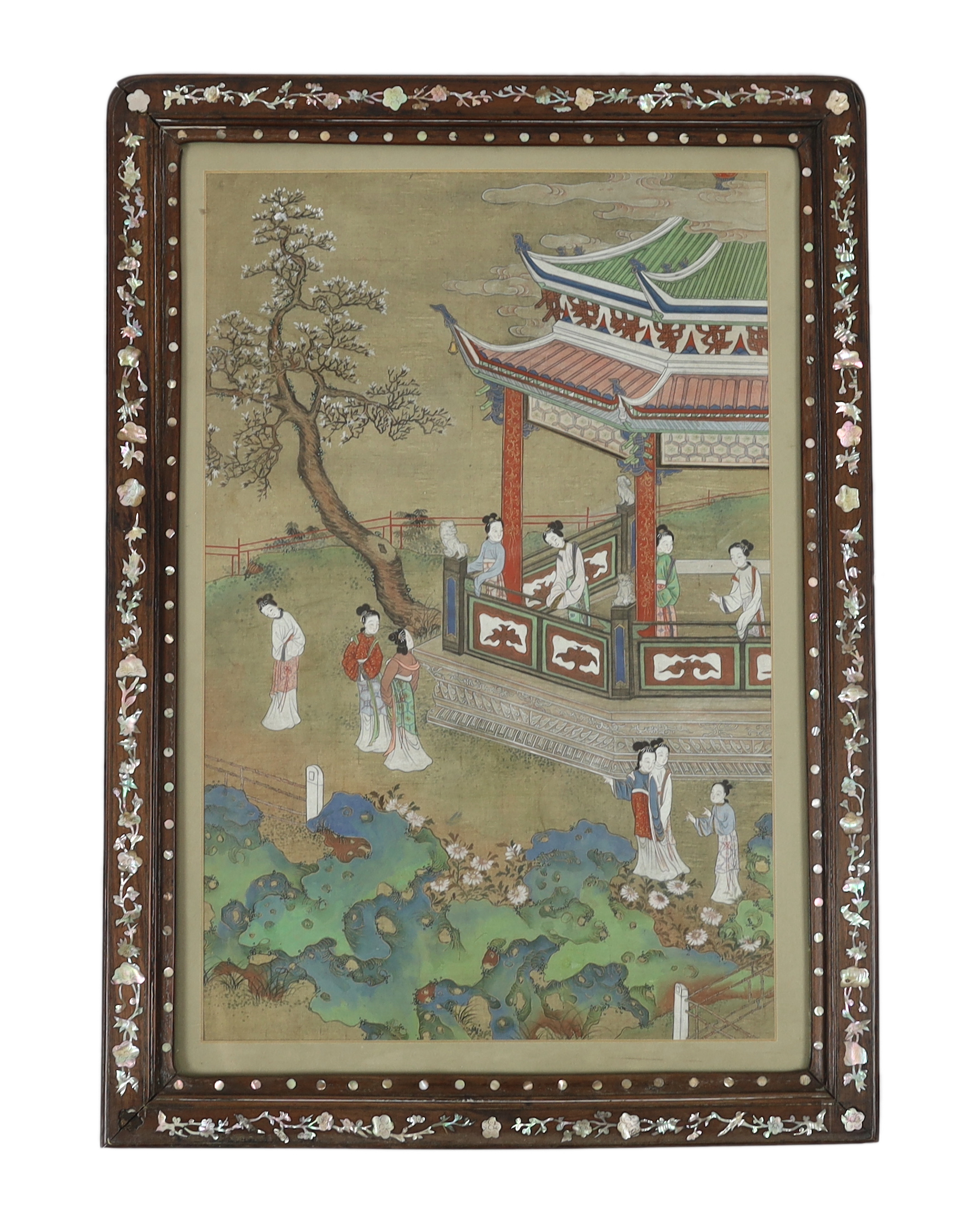 A Chinese painting on silk of ladies in a pavilion garden, c.1800